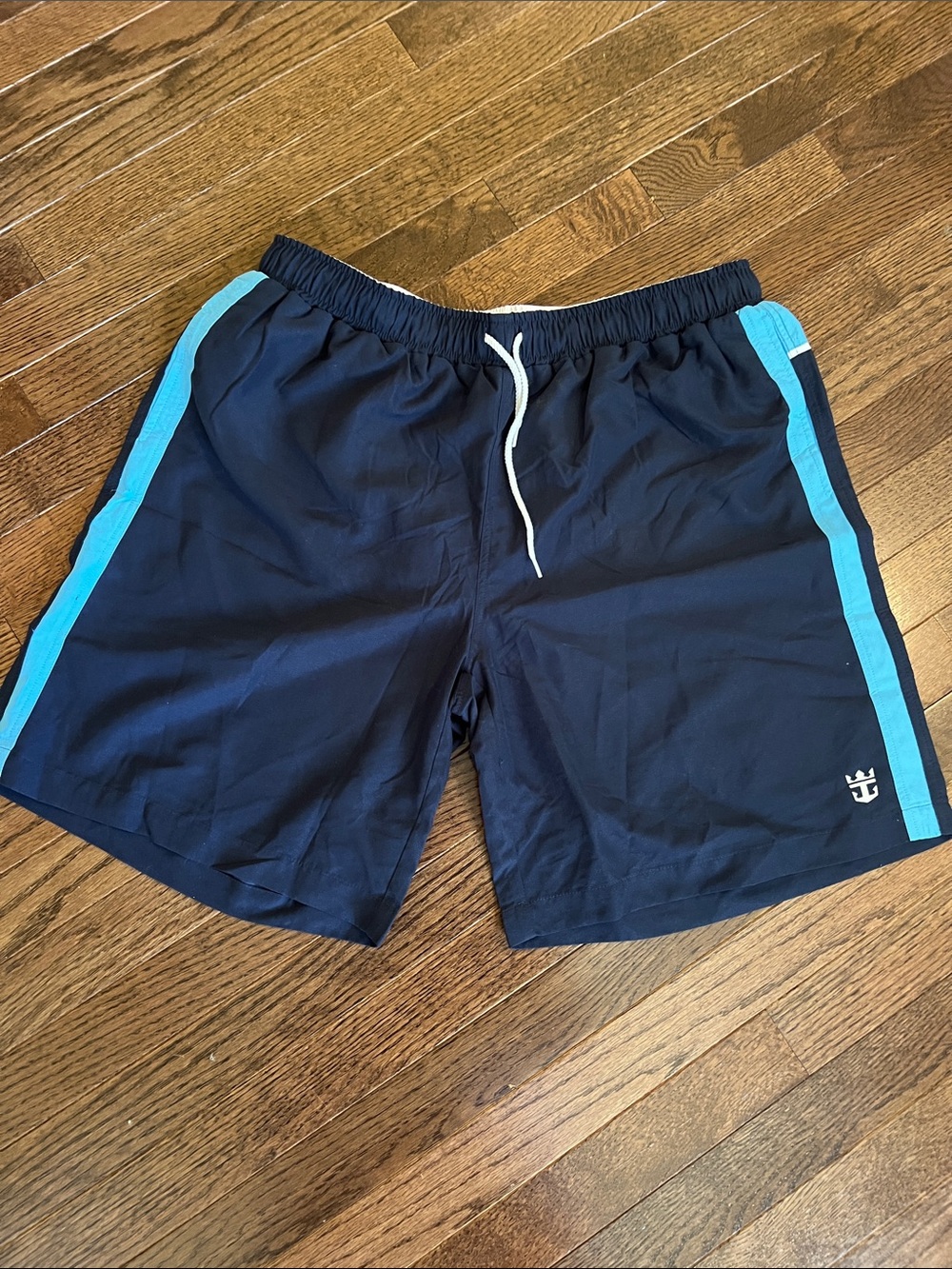 Navy Athletic Swim Shorts with Light Blue Side Stripe XL